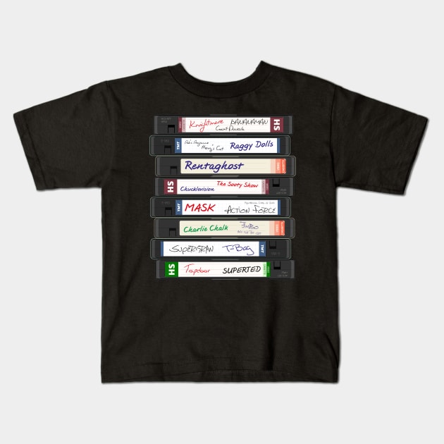 Retro British 80s TV Series VHS Video Cassettes Kids T-Shirt by Meta Cortex